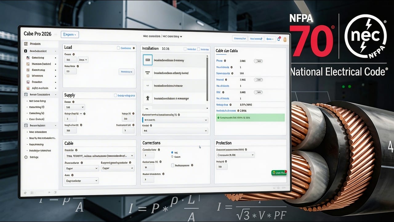 A computer screen displays electrical cable calculation software, overlaid on an image of cables and electrical equipment, with NFPA 70 and National Electrical Code logos on the right.