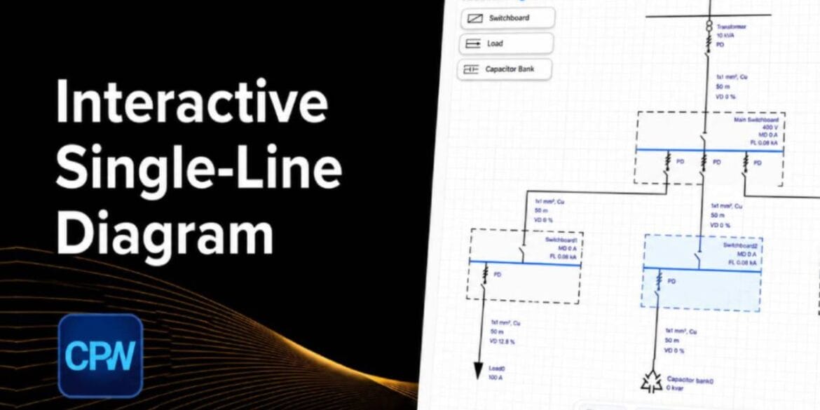 Screenshot of an interactive single-line diagram editor with device options, diagram elements, and text reading "Interactive Single-Line Diagram" on a black background.