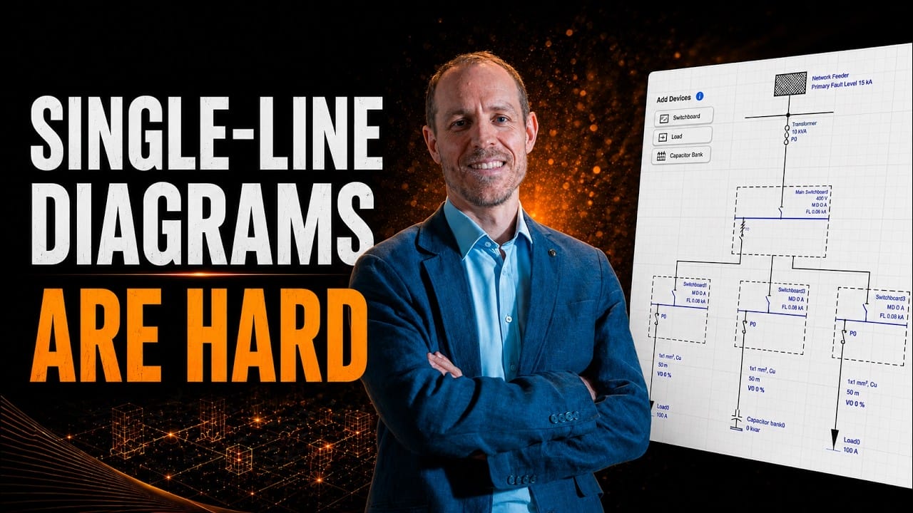 A man in a blue jacket stands with arms crossed beside a screen showing an electrical single-line diagram and the text "Single-Line Diagrams Are Hard.