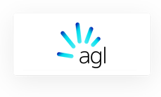 AGL logo featuring lowercase "agl" text next to five blue gradient lines radiating upward on a white background.