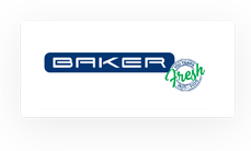 Logo with the word "BAKER" in a blue rectangle and the word "Fresh" in green script, partially overlapping a circular stamp graphic.