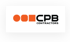 CPB Contractors logo with three orange geometric shapes followed by the text "CPB CONTRACTORS" on a white background.