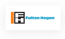 Fulton Hogan logo featuring stylized black "FH" letters in a box with an orange vertical bar and blue "Fulton Hogan" text on a white background.