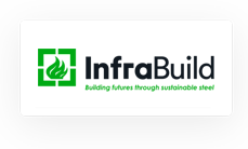 InfraBuild logo with a green flame icon in a square, and the text "InfraBuild" and "Building futures through sustainable steel" underneath.