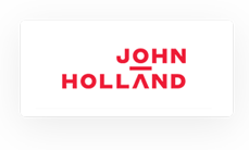 The John Holland company logo in bold red text on a white background, with a line under the "H" in "JOHN" and the "A" in "HOLLAND" stylized as an inverted "V.