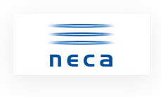 Blue "neca" text below four horizontal blue lines, centered on a white background.