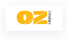 Yellow "OZ" text with diagonal lines dividing the letters, and the word "MINERALS" written vertically on the right side, all on a white background.