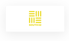 Yellow geometric logo with parallel lines above the text "SOUTH32" on a white background.