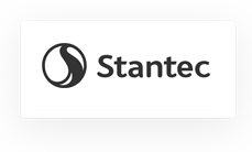 Stantec logo featuring a black and white circular symbol to the left of the word "Stantec" in bold, black letters on a white rectangle with a gray background.