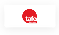 TAFE Queensland logo featuring a red circle with the word "tafe" in white lowercase letters and "Queensland" in small text underneath.