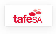 TAFE SA logo featuring the text "tafeSA" in red with four red circular shapes above the letters "SA" on a white background.