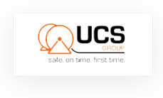 UCS Group logo with orange and black text and graphic, accompanied by the tagline "safe. on time. first time.
