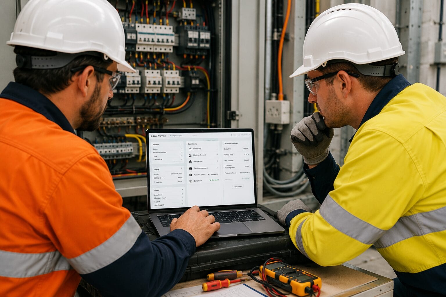 Two engineers in safety gear review data on a laptop in front of an open electrical panel, with tools and wires visible on the table nearby.