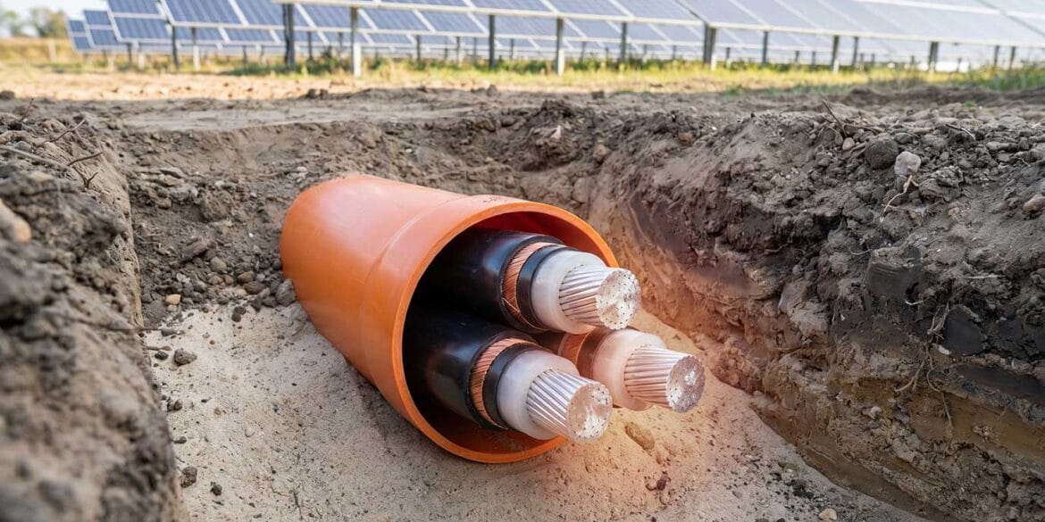 Large electrical cables in an orange conduit are laid in a trench near a solar panel installation on a sunny day.