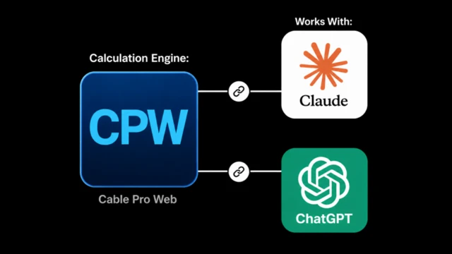Diagram showing CPW (Cable Pro Web) as a calculation engine connected to Claude and ChatGPT, indicating compatibility with both AI tools.