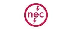 Red "nec" logo with two lightning bolts, one above and one below the letters, enclosed in a red circle on a white background.