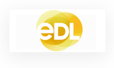 Yellow overlapping circles with the white lowercase letters “eDL” centered on a white background.