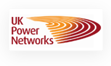 UK Power Networks logo with red text and a series of curved, gradient orange and red lines forming a semicircular pattern to the right.