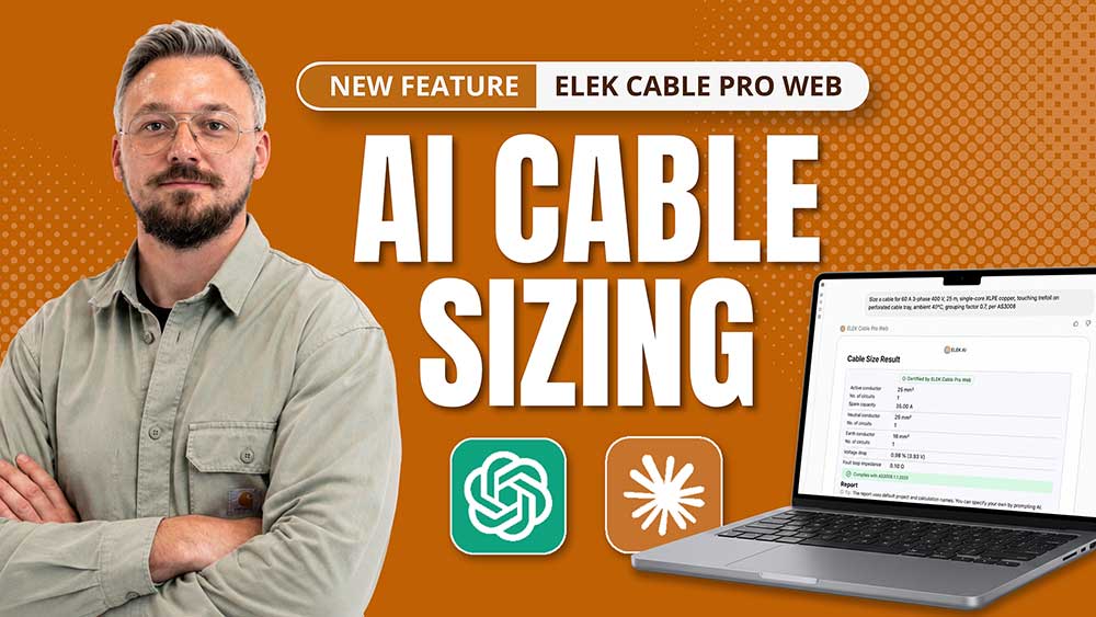 Man stands with arms crossed next to text promoting Elek Cable Pro Web’s new AI cable sizing feature, with a laptop displaying the tool and two icons on an orange background.