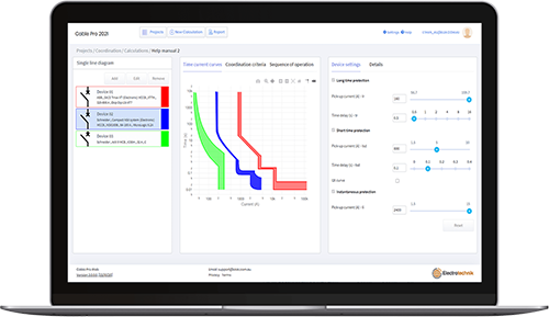 A laptop displays a software interface with electrical diagrams, colored charts, and adjustable parameter sliders for circuit design analysis.