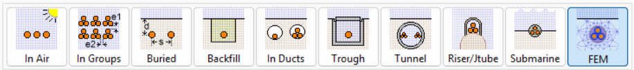 Icons showing different cable installation methods: in air, in groups, buried, backfill, in ducts, trough, tunnel, riser/tube, submarine, and FEM. Each icon includes simple diagrams of cables.
