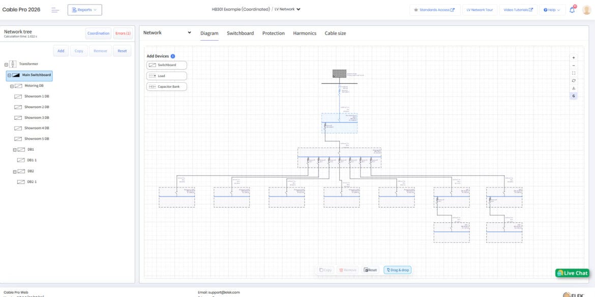 Network diagram interface showing a hierarchical tree of network devices and connections, with options for adding nodes and expanding sections on the left panel.
