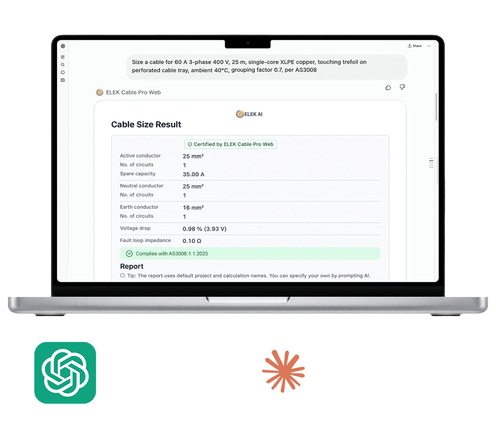 A laptop displays ELEK Cable Pro Web showing cable size results. ChatGPT and Claude logos appear below the laptop on a light background.