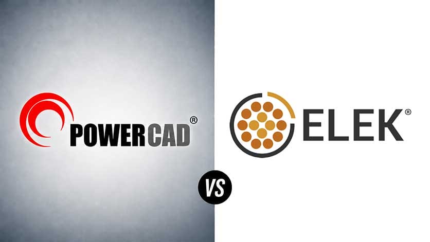 Split image with POWERCAD logo on the left and ELEK logo on the right, separated by a circular “VS” icon in the center.