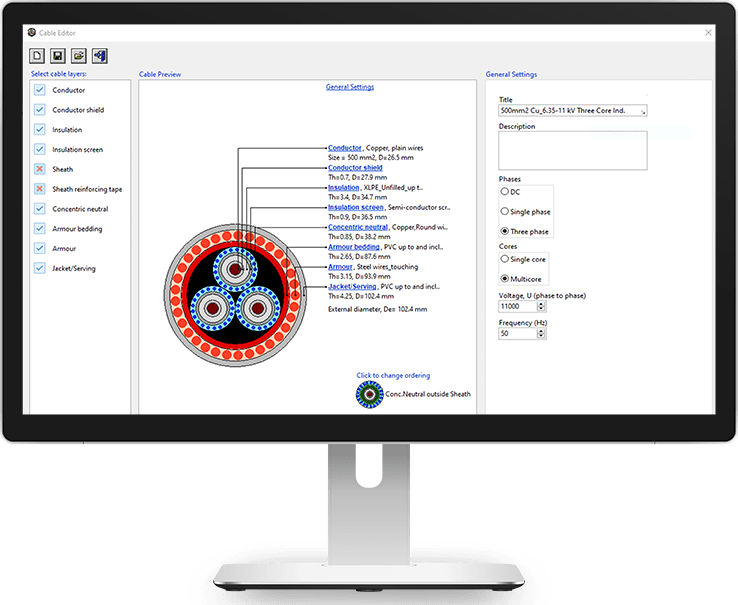 A computer screen displays cable editor software showing a cross-section diagram of a multicore cable with labeled parts and cable settings.