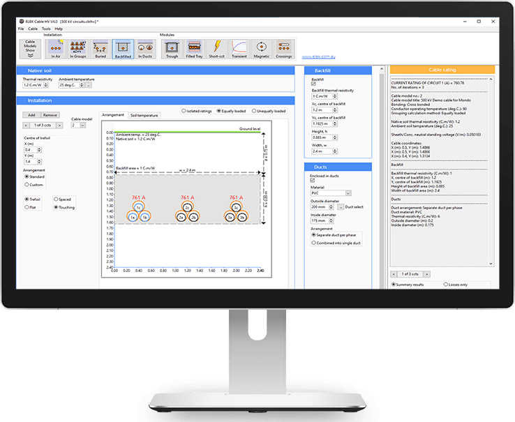 Computer monitor displaying electrical cable sizing software interface with diagrams, calculation settings, cable arrangement options, and detailed cable rating information.