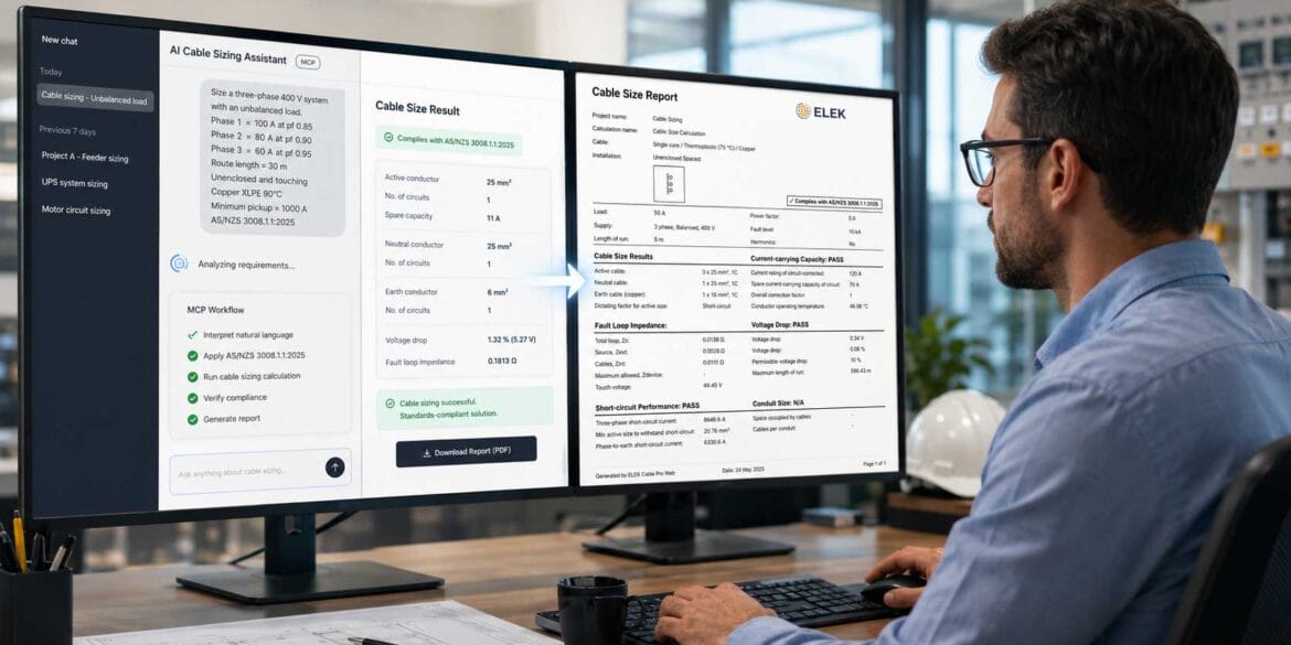 A man sits at a desk using a desktop computer with two monitors displaying cable sizing software, technical data, and a cable size report in an office environment.