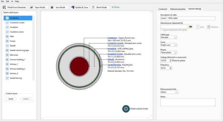 Screenshot of a cable design software showing a cross-sectional diagram of a cable with labeled layers and input fields for cable properties on the right.