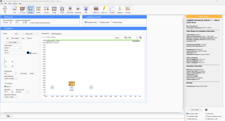 Screenshot of electrical circuit rating software showing a graph, cable type selection, and installation method details in a user interface with multiple toolbars and input fields.