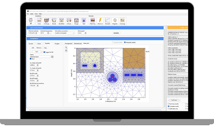 Laptop screen displaying simulation software with a mesh diagram, data tables, and various controls in the interface.