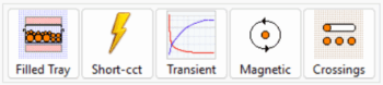 Five icons labeled Filled Tray, Short-cct, Transient, Magnetic, and Crossings, each with a distinct graphic representing its label.